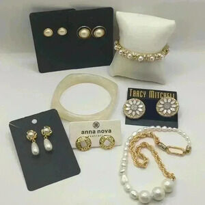 GoldTone and pearl jewelry bundle -5 earrings, 2 bracelets, 1 necklace some nwt